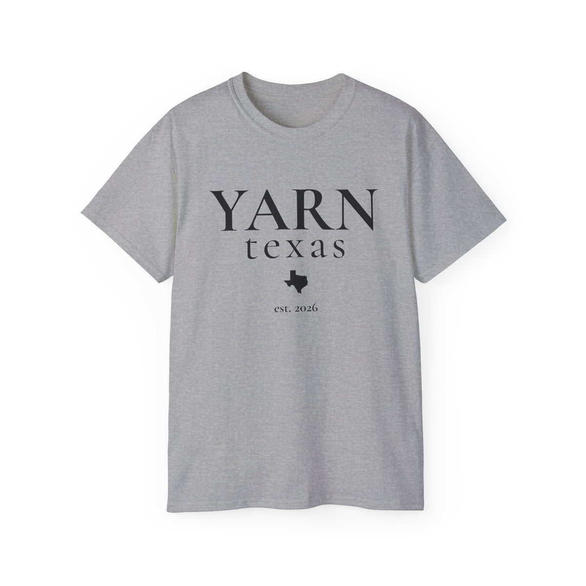 A heather gray short-sleeve crewneck t-shirt with 'YARN texas est. 2026' printed in black on the front, displayed against a solid white background.