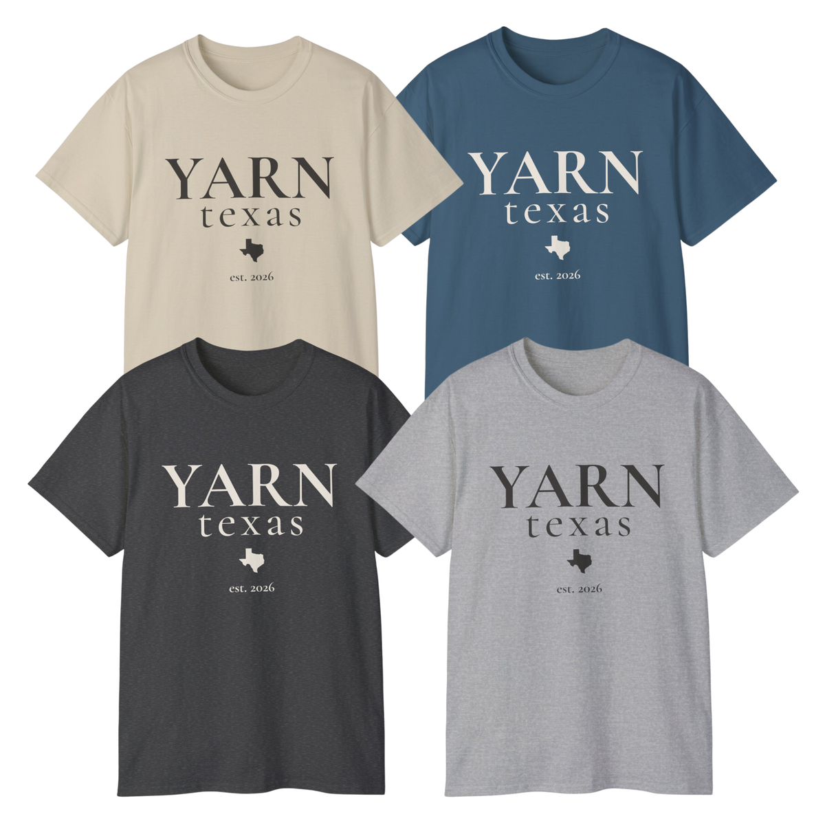 Four short-sleeve crewneck T-shirts arranged in a 2x2 grid on a white background, each with the text 'YARN texas' and a small Texas-shaped logo printed on the chest. The shirts are in beige, blue, charcoal gray, and light gray.
